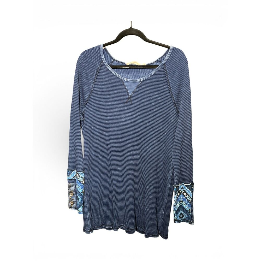 Soft Surroundings Womens Waffle Knit Top Medium Blue Boho Embellished Sleeve USA